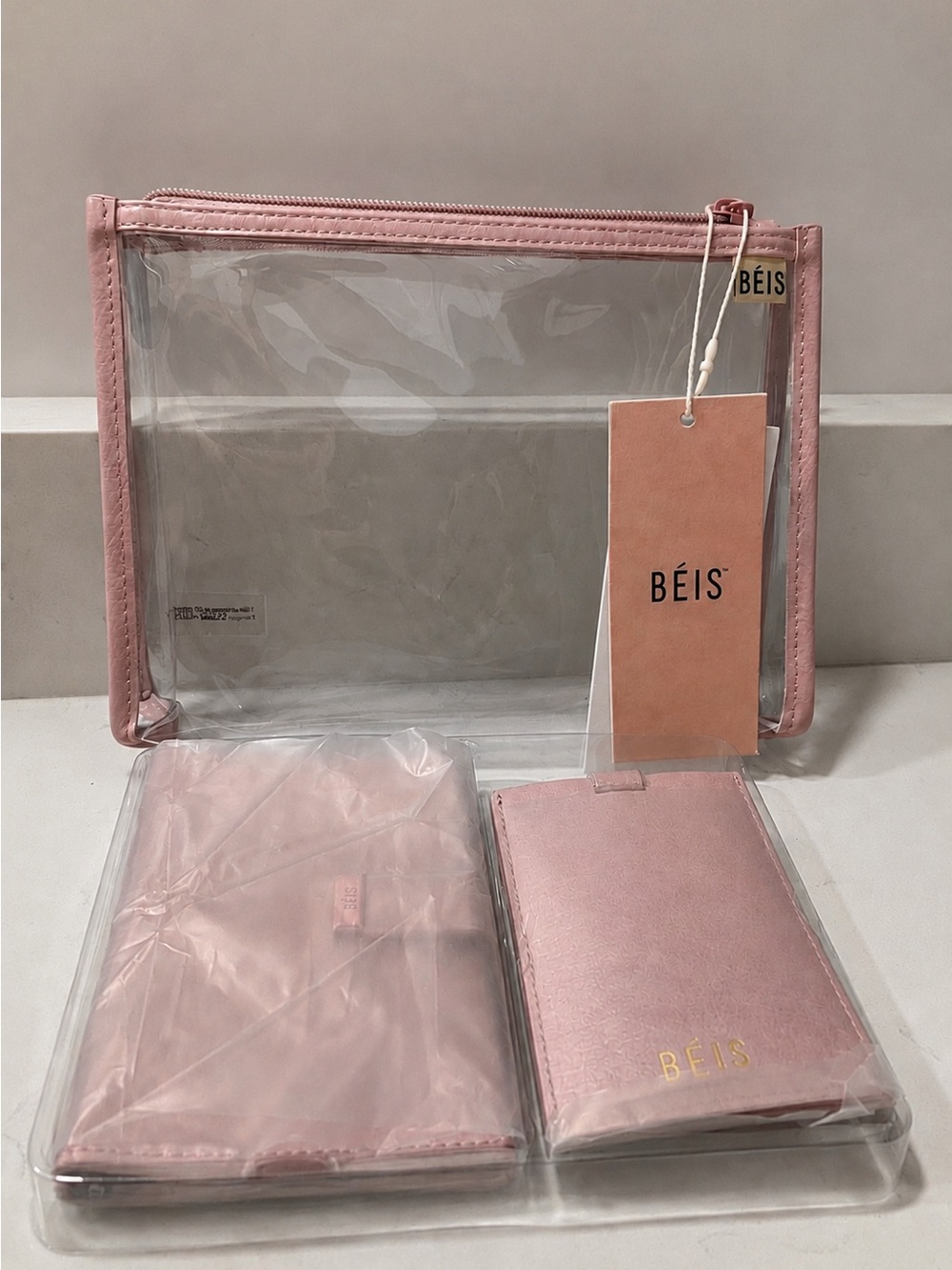 BÉIS The Passport & Luggage Tag Set Atlas Pink NWT 3-Piece Travel